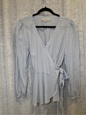 LOFT Blue and White Striped Wrap Top